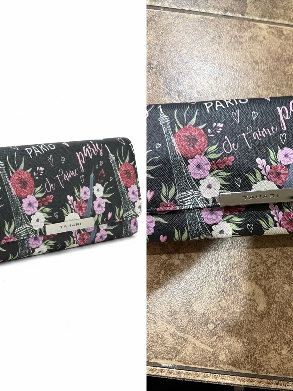 Tahari Paris Floral Eiffel Tower Vegan Leather Wallet Black